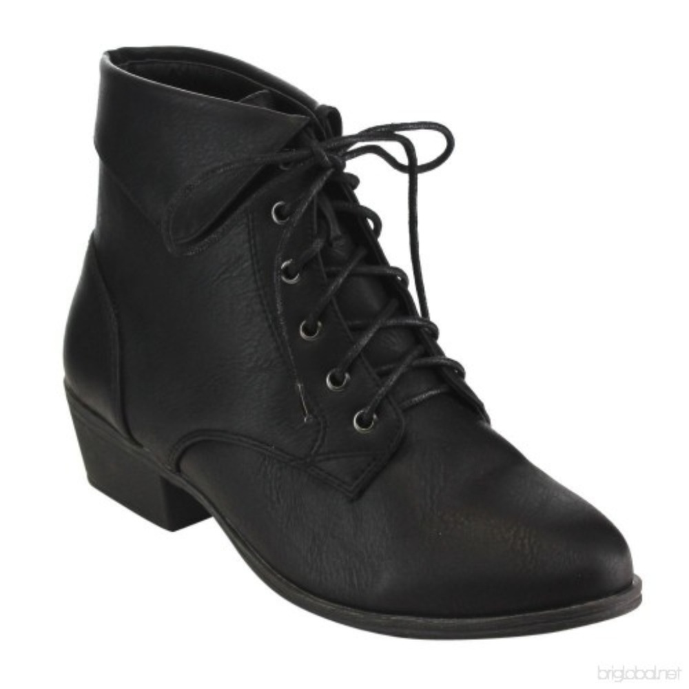 FOLDOVER LACE UP LOW CHUNKY HEEL ANKLE BOOTIES BLK